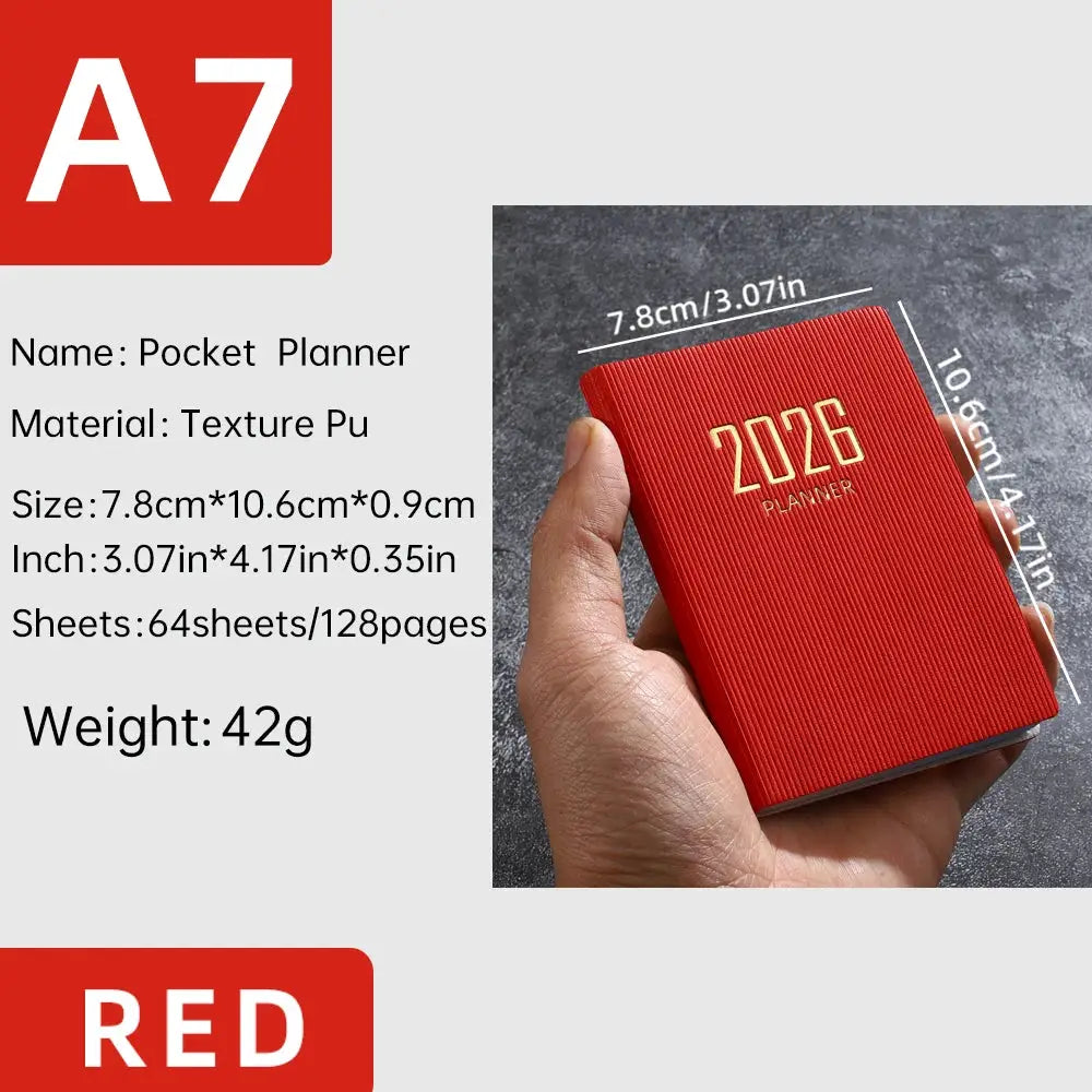 A7 red pocket planner by Simples Market with textured PU cover, 64 sheets, 128 pages, 2026 weekly calendar