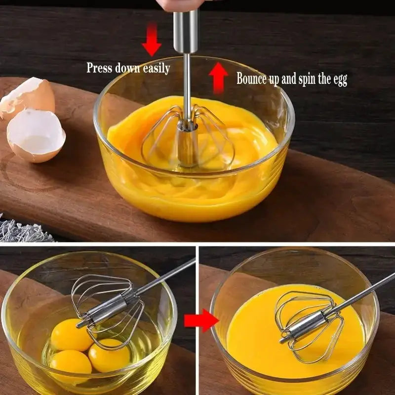 ChefPro Semi Automatic Rotary Whisk With Beech Wood Handle Stainless Steel Head For Effortless Mixing