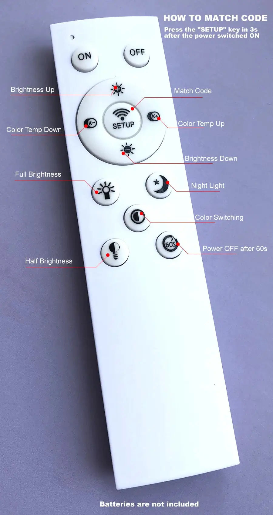 Remote control for Simples Market modern kitchen island pendant lights; white with multiple function buttons
