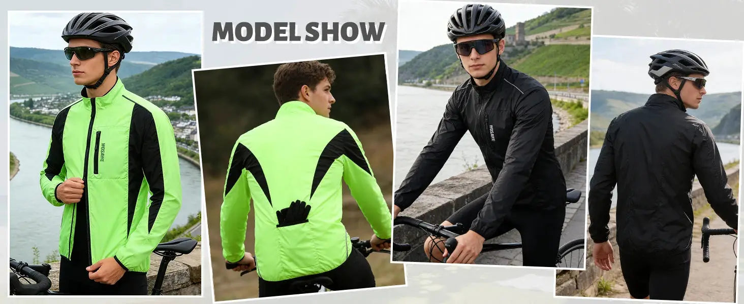 WOSAWE men windproof water-repellent reflective cycling jacket neon lime green/black; four jackets shown