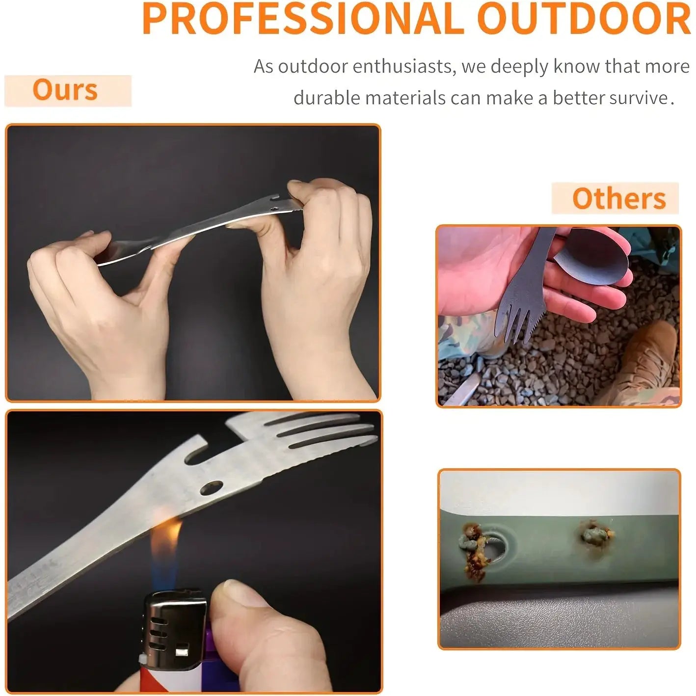 PSKOOK 5-in-1 outdoor survival tool set; stainless steel camping fork, knife, spoon, bottle opener by Simples Market.