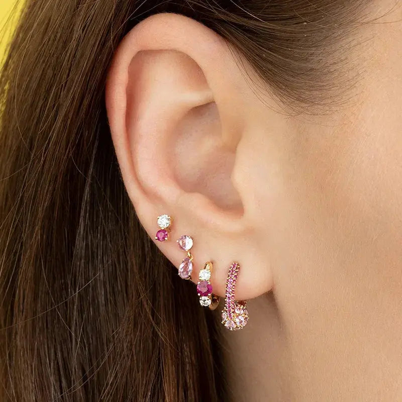 Six-piece sterling silver ear jewelry set with pink zircon stones and multiple studs and hoops, Simples Market
