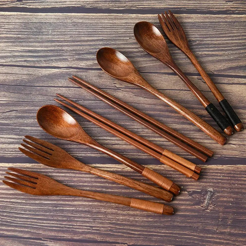 Natural Wood Tableware Three Piece Set Spoon Fork And Chopsticks Portable Travel Cutlery Eco Friendly Japan Style Design