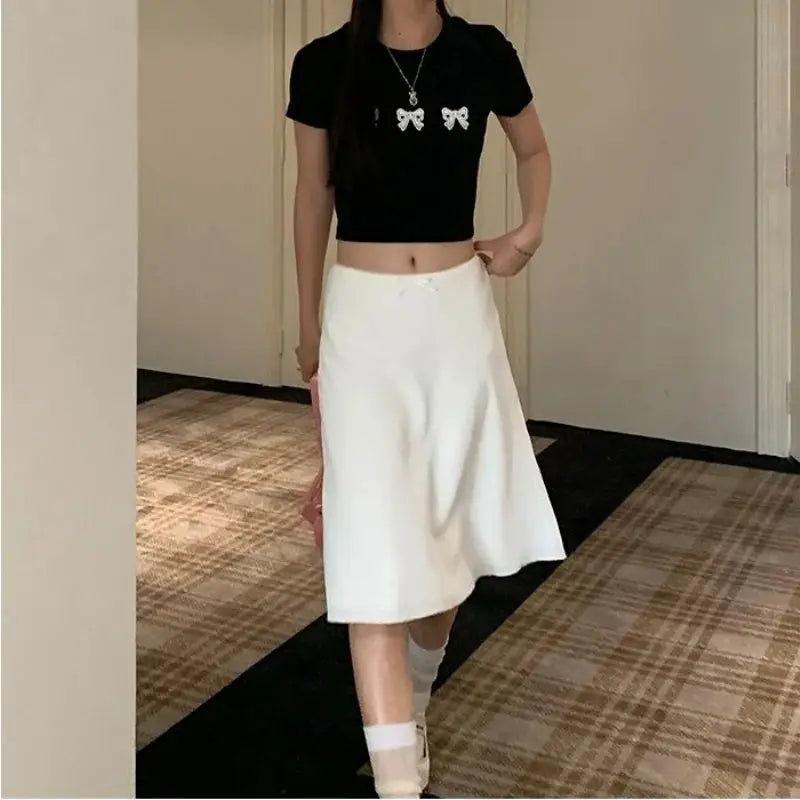 White satin mid-length A-line skirt for women, elegant casual everyday wear
