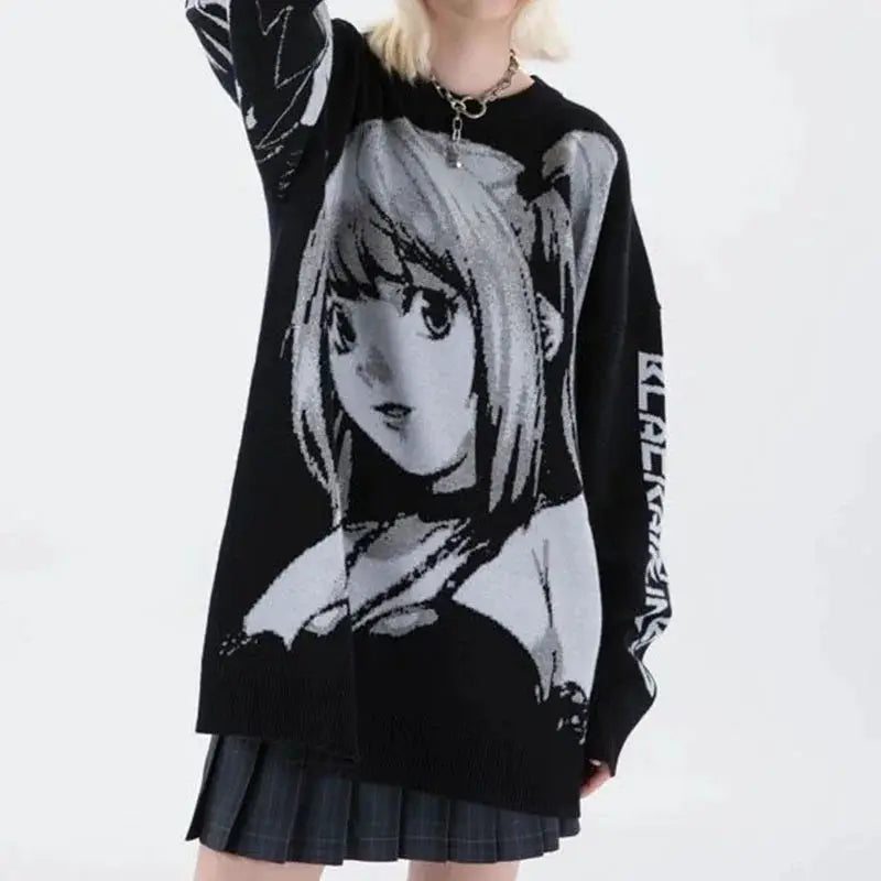UrbanPulse Women Harajuku Streetwear Pullover Sweater With Vintage Japanese Anime Girl Print For Autumn Winter