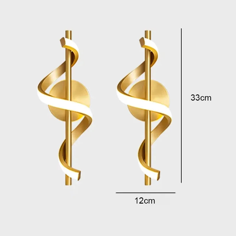 Lustre LED pendant lights by Simples Market; gold spiral fixtures with white illuminated ribbon, pair, 33cm tall x 12cm wide.