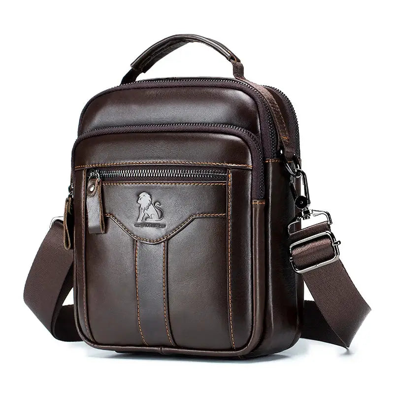 Men's crossbody bag, brown top-layer cowhide leather, Simples Market, front zip pocket