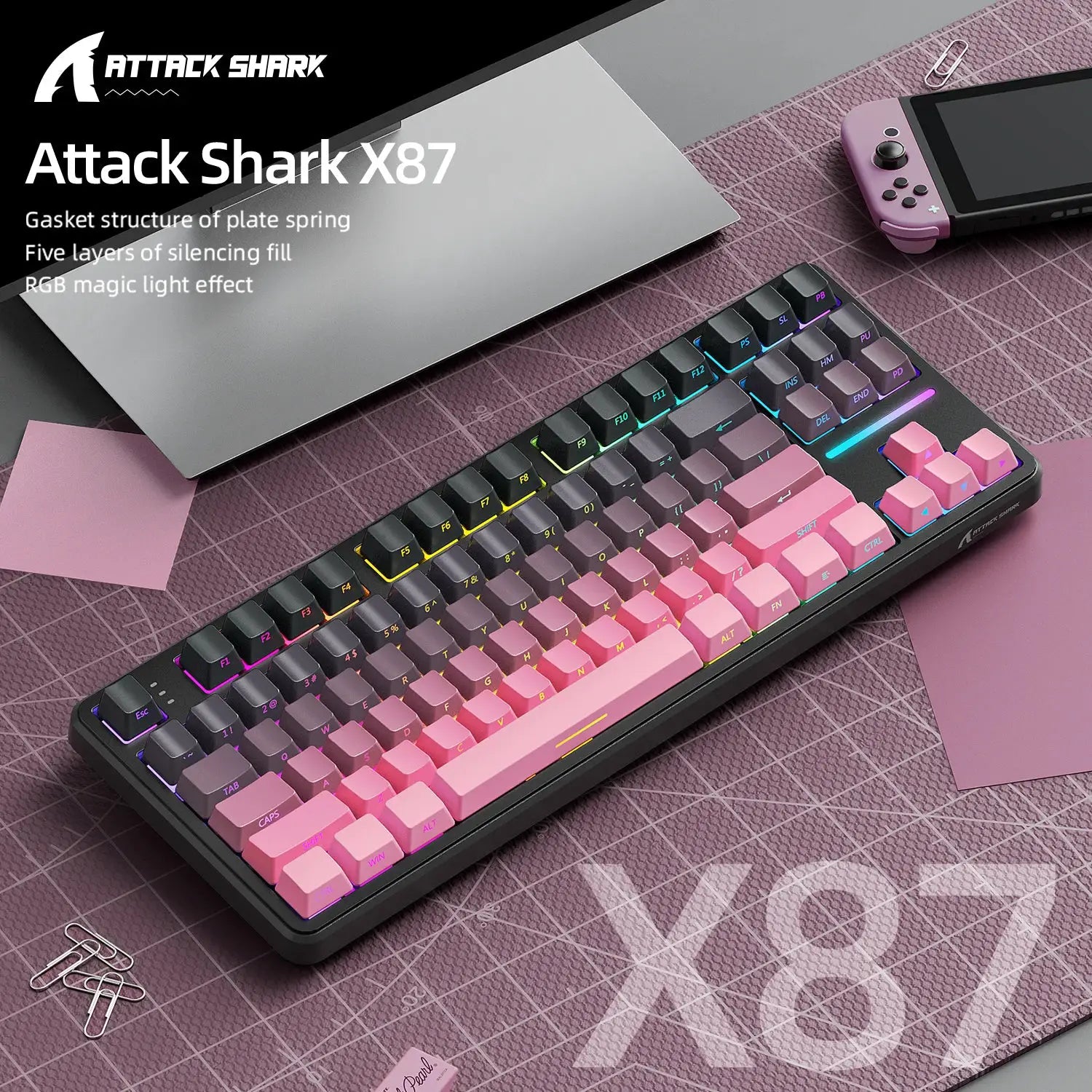 Attack Shark X87 Macro Drive Bluetooth Mechanical Keyboard 87 Key Hot Swappable RGB Lighting