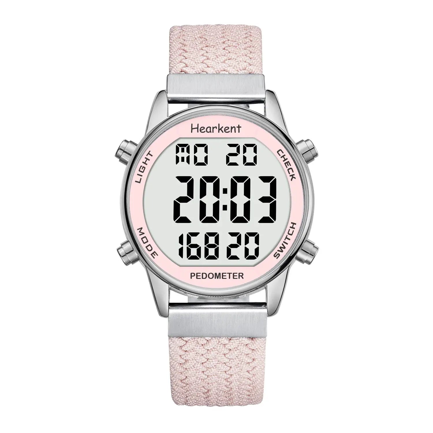 Hearkent pedometer sport watch for women with pink fabric strap and digital display