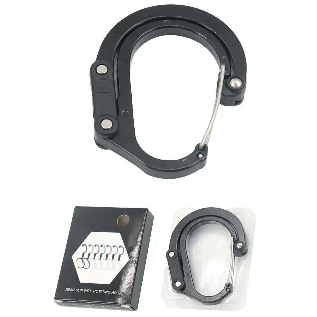 Hybrid gear clip rotating carabiner hook by Simples Market, non-locking black steel clip for camping and hiking.