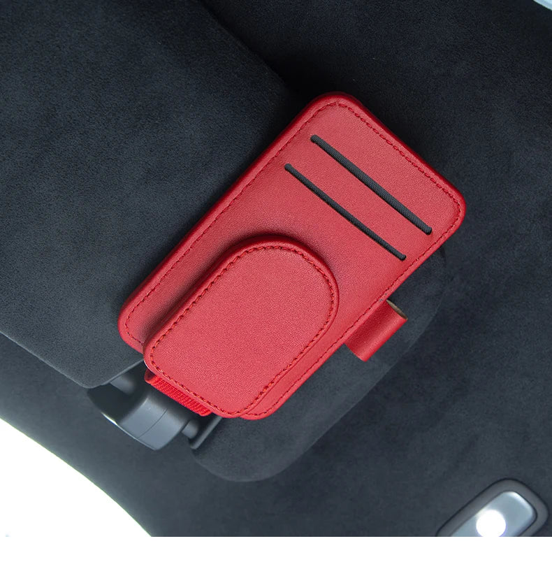 Leather car sun visor sunglasses holder in red with magnetic clip and two card slots