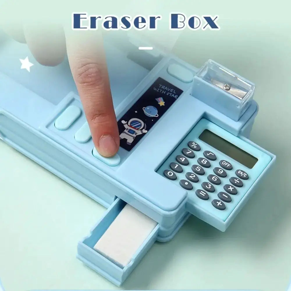 Blue plastic multifunction pencil case with built-in calculator, eraser drawer, and double-sided design.