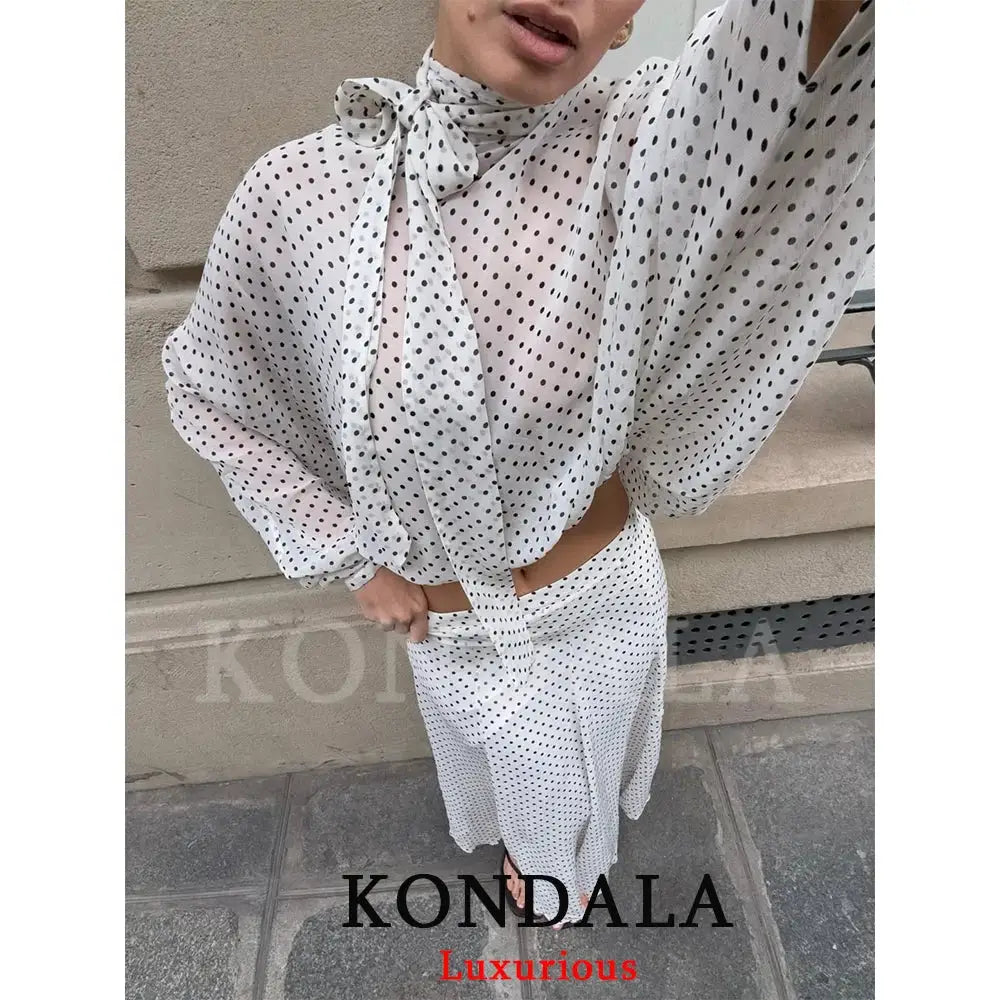 Kondala Polka Dot Women Sets Chiffon Bow Tie Blouses Skirts 2026
