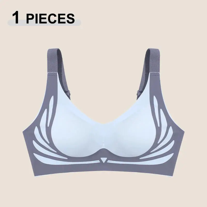 Seamless push-up bra with angel-wing pattern on the sides, gray straps and white cups, 1 piece
