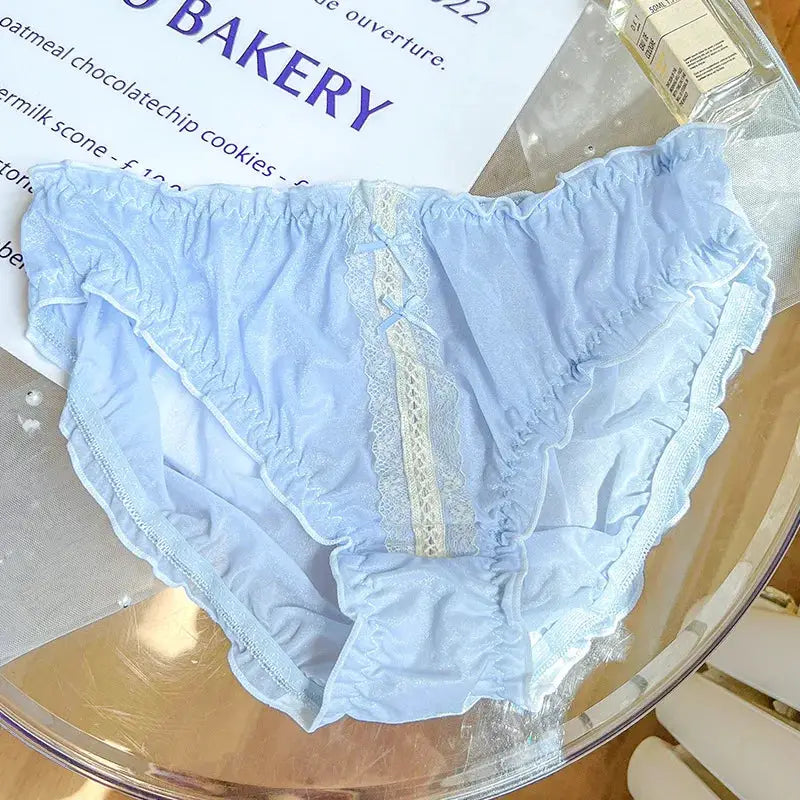 Panties 3XL for women in light blue ice silk with lace trim and ruffles, elastic waistband, Simples Market