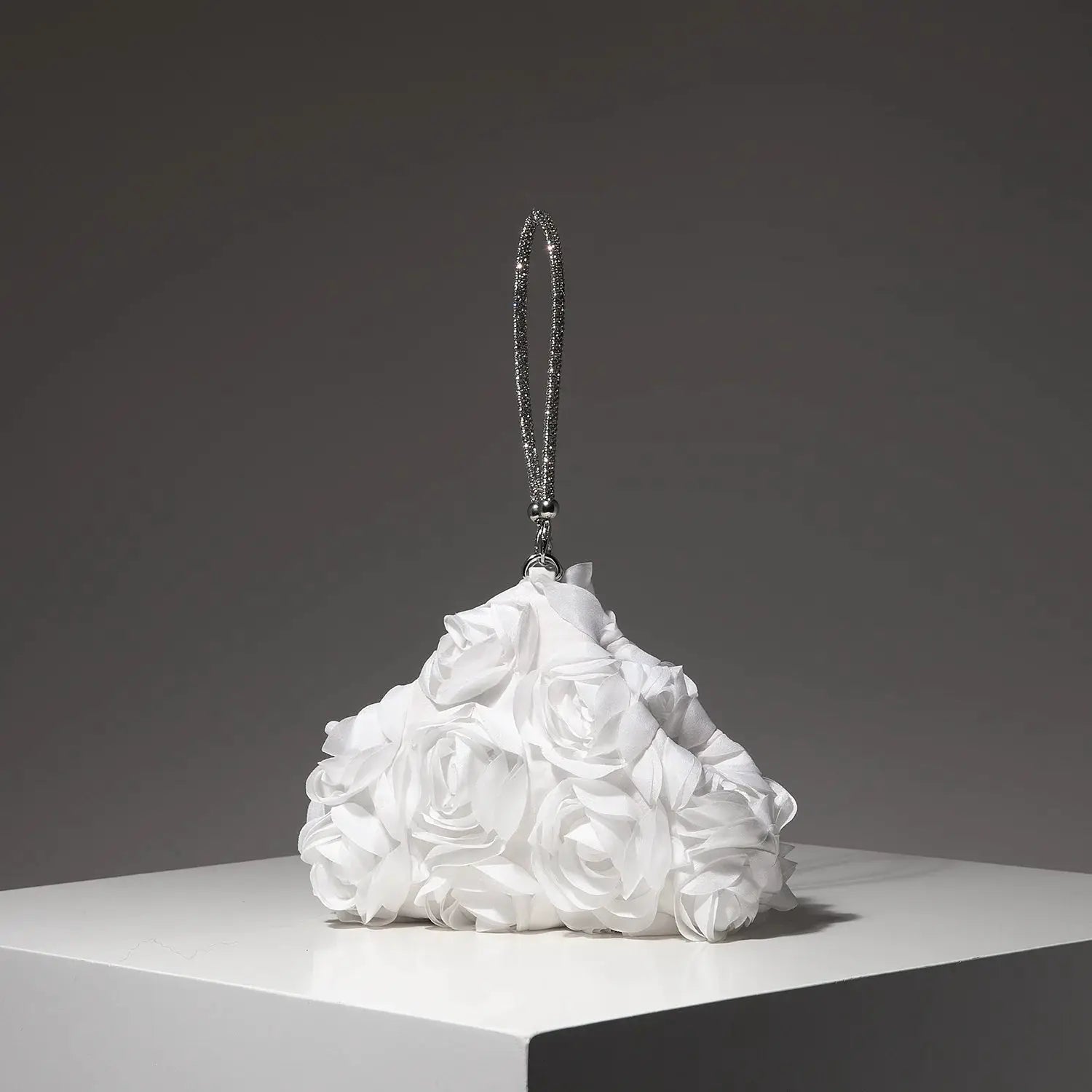Mini Purse by Simples Market, white floral pom-pom bag with a sparkling silver rhinestone strap