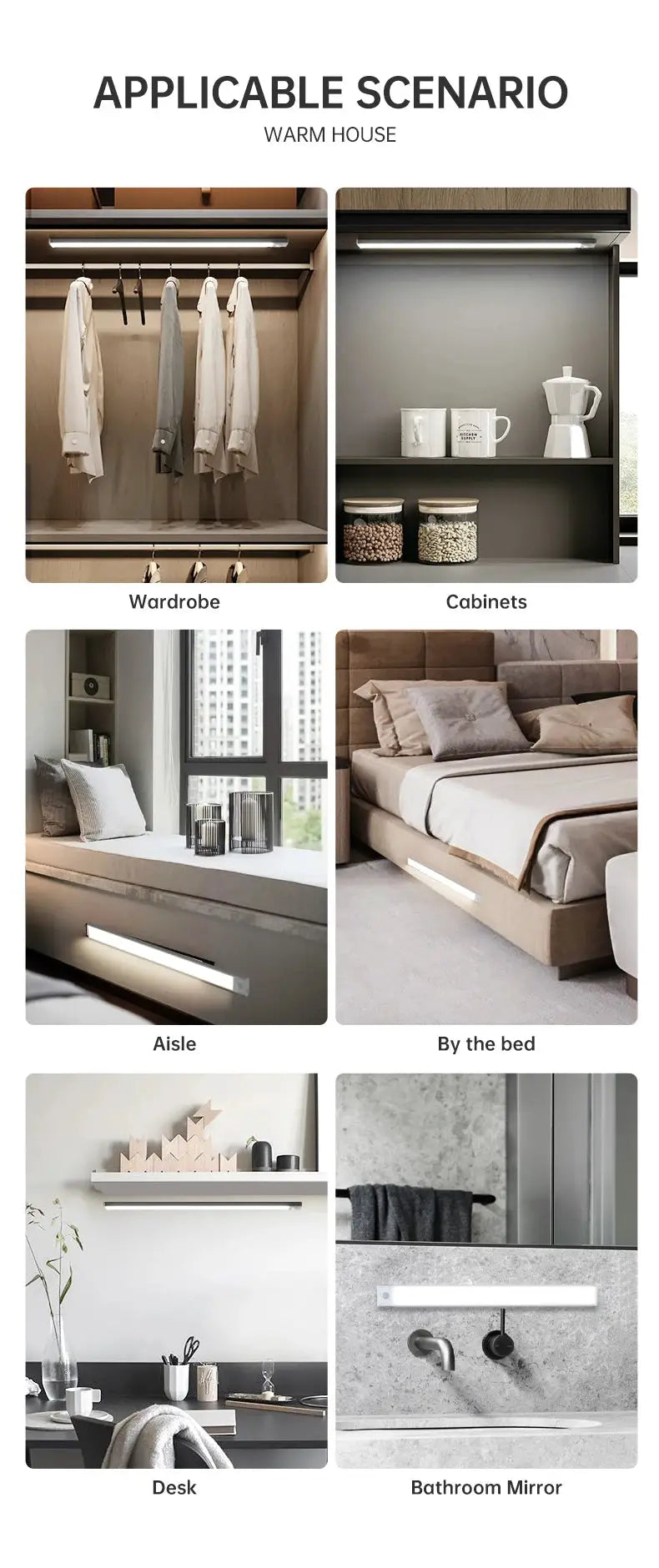 LED motion sensor under-cabinet light, wireless USB light in white, shown in wardrobe, cabinets, bed, desk, mirror.
