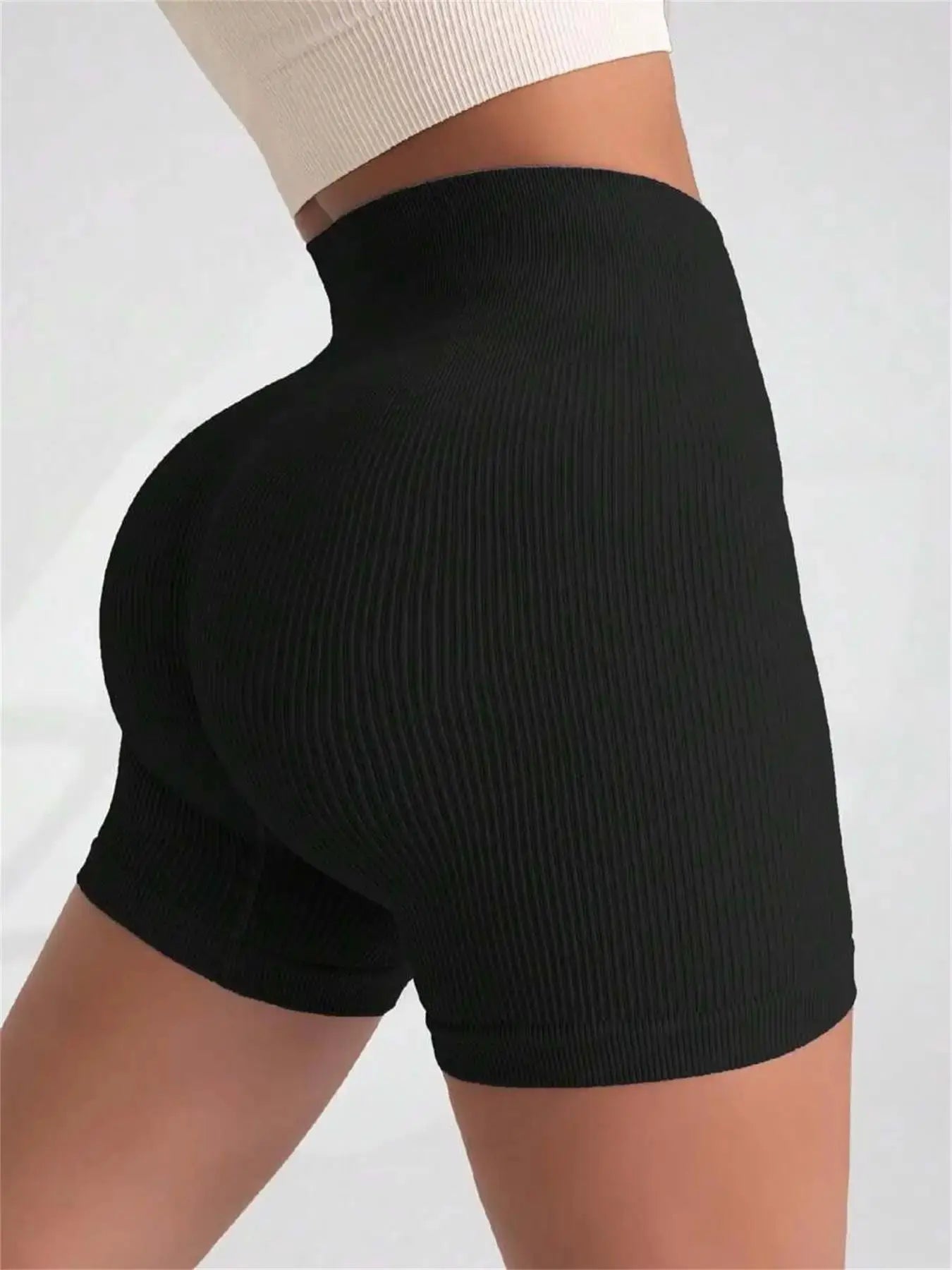 High Waisted Yoga Shorts For Women Lift And Shape Tight Fitting Solid Color Ribbed Texture Knit Activewear