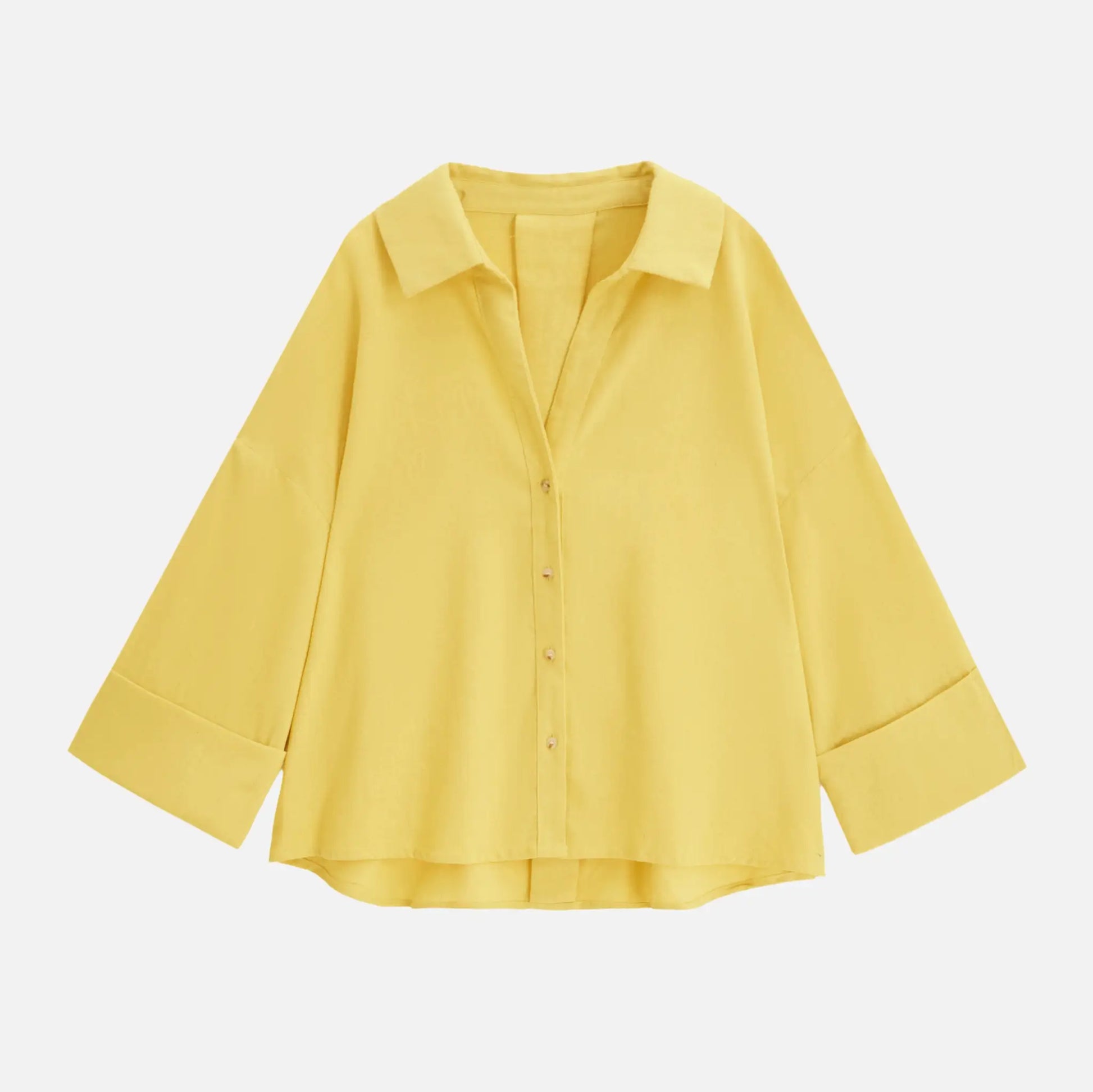 Simples Market women's casual loose shirt in yellow with collar, button-down front and wide sleeves