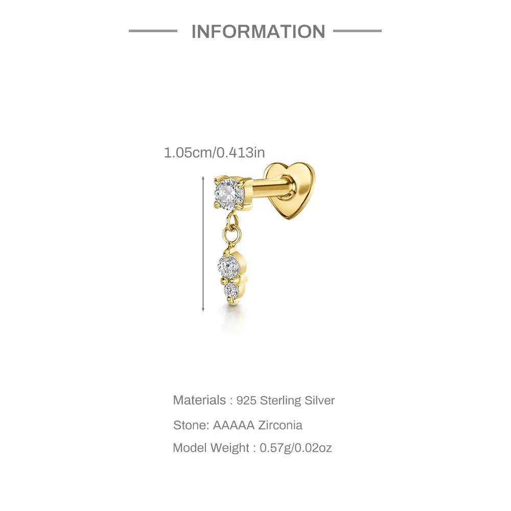 AIDE heart round ball flat helix piercing earring, gold-tone 925 sterling silver with zircon stones
