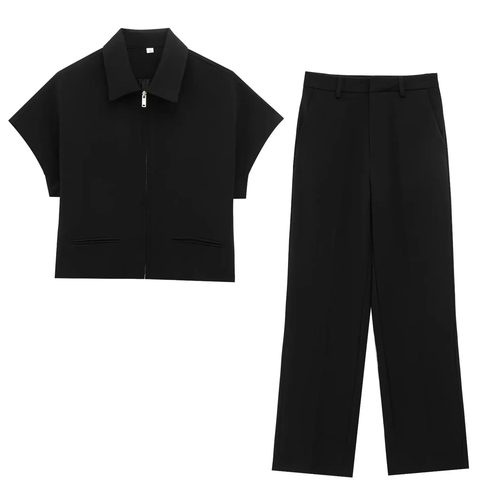 TFMLN Women Slim Lapel Zipper Coat Two Piece Set Wide Leg Pants Black