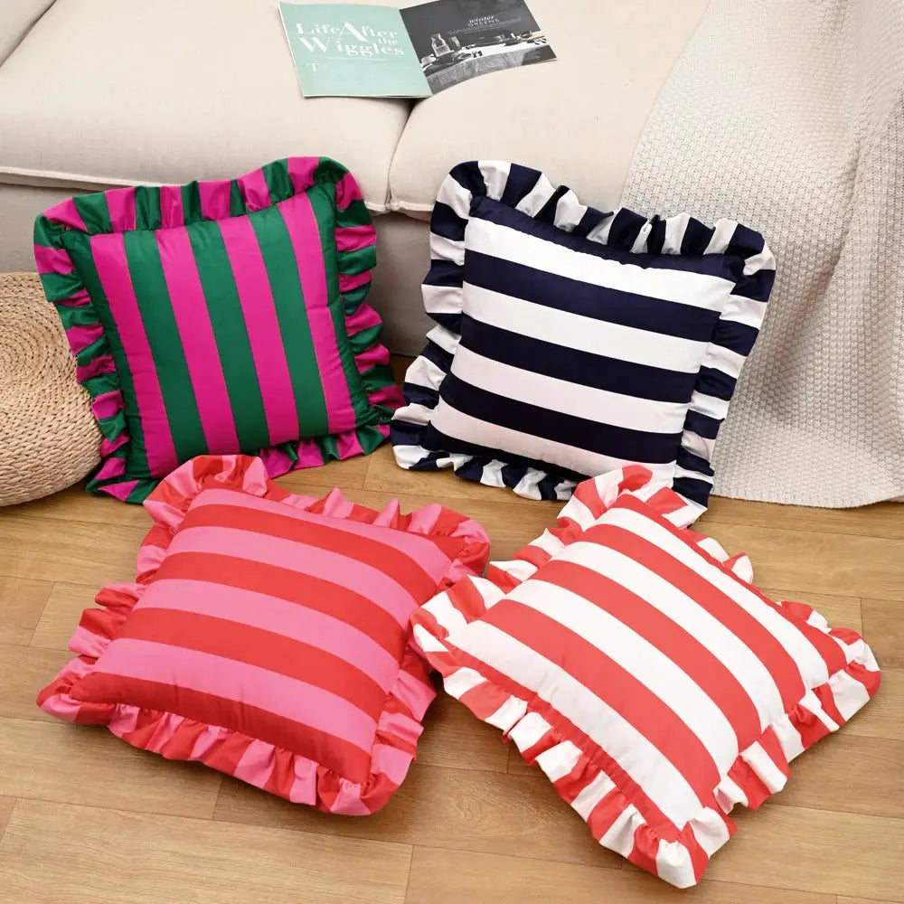 4 striped velvet pillowcases with ruffled edges in pink, red, green, and navy, 18x18 inches