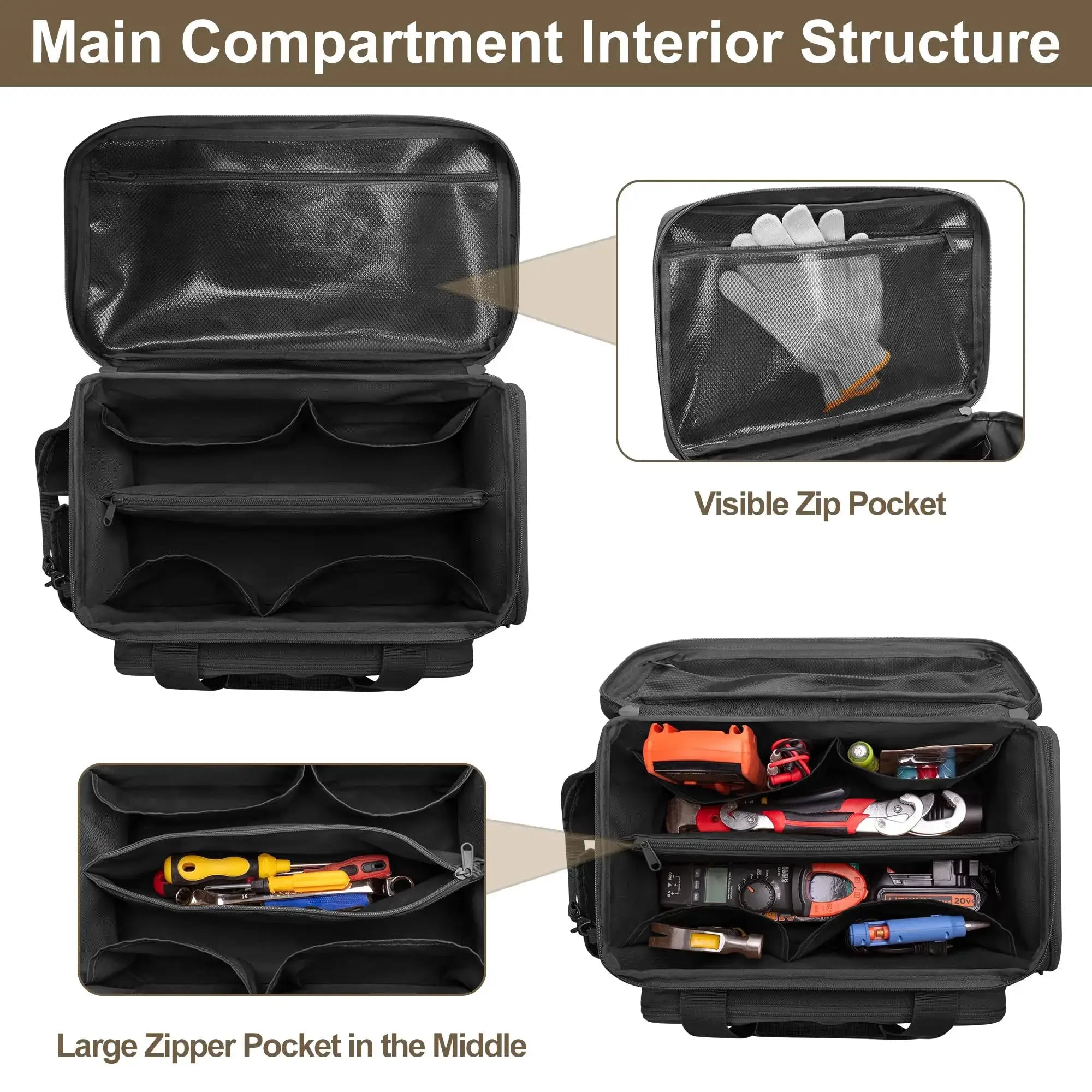 Simples Market upgraded toolkit bag with shoulder strap; black multi-pocket tool tote with zip pockets and compartments