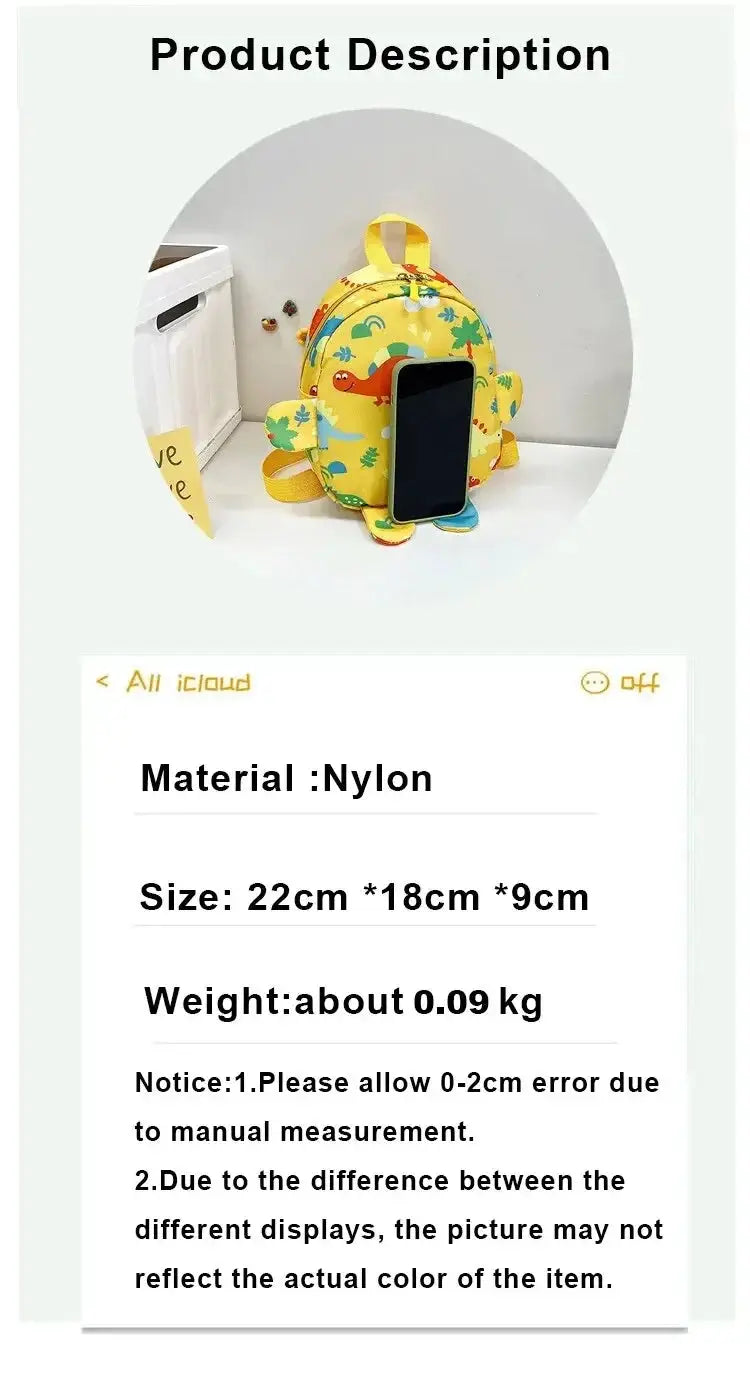 Cute cartoon dinosaur kids backpack, yellow nylon with colorful dinosaur prints, adjustable straps
