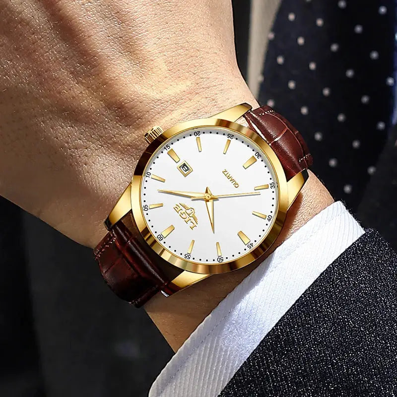 LIGE men's brown leather watch with gold-tone case, white dial and date window
