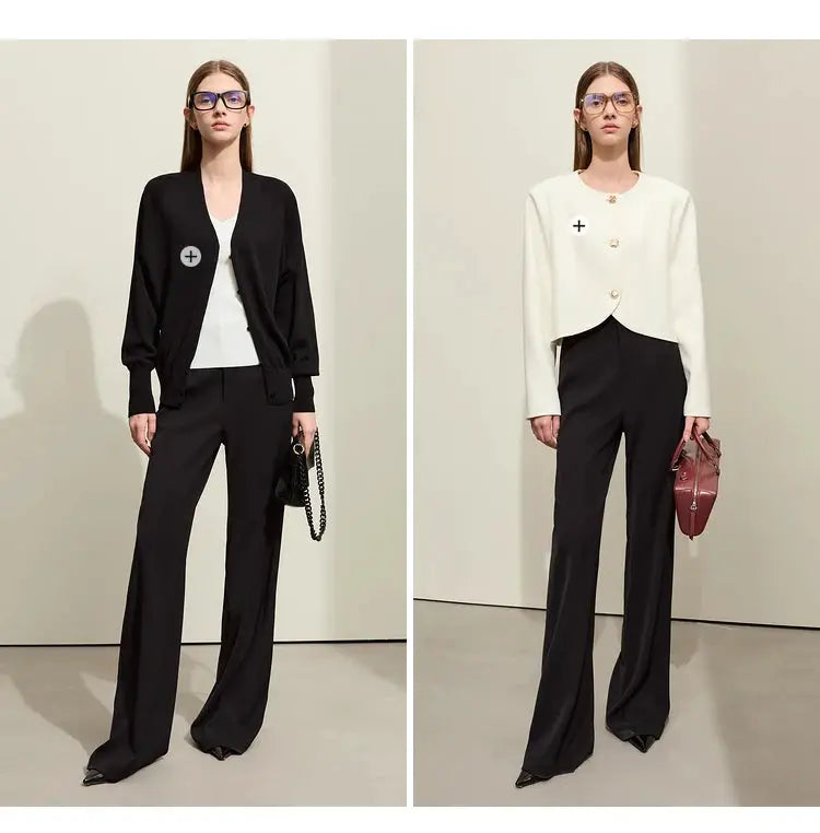 AMII Minimalism pants set by Simples Market; black blazer with pants and white blazer with black pants, two looks.
