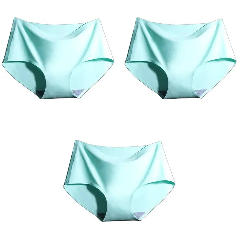Three-piece XXL seamless women's mid-waist panties set in turquoise ice-silk fabric, breathable underwear.