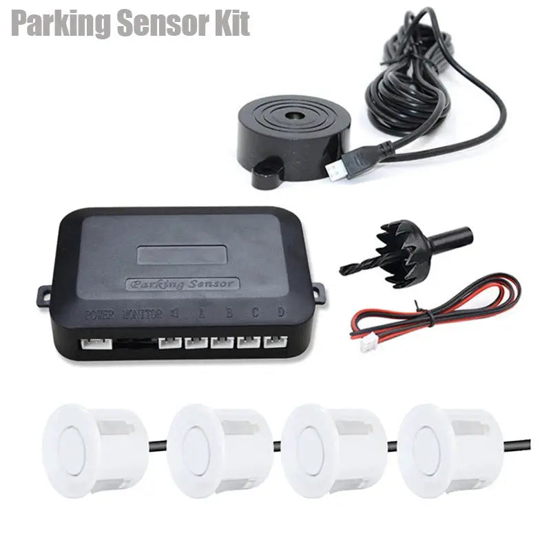 Risingon 12V 22mm car parking sensor kit by Simples Market; includes 4 white sensors, control box, buzzer, and wiring
