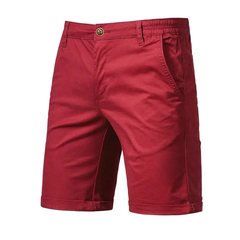 Men's red 100% cotton shorts with front pockets and belt loops