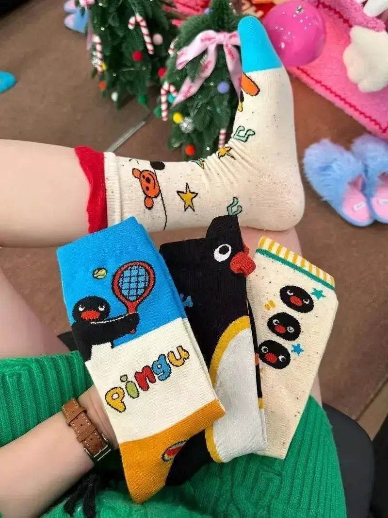 4 Pairs Pingu Medium Length Socks for Women Cartoon Style Breathable Soft Kawaii Girls Autumn Winter Fashion