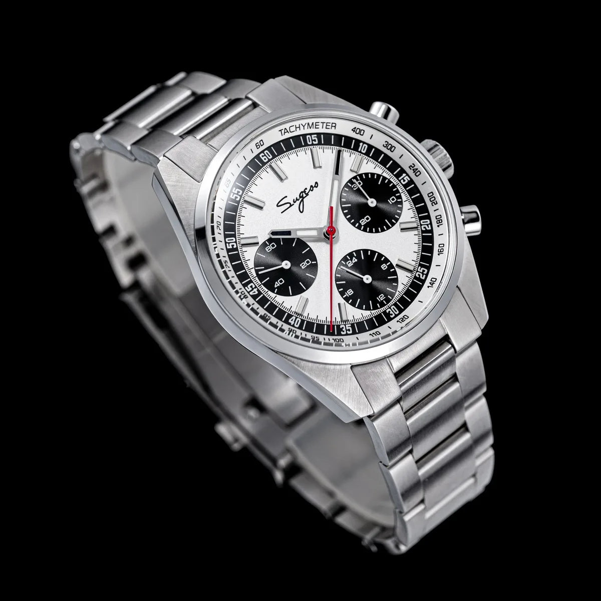 Sugess men's chronograph watch, stainless steel bracelet, white dial with black subdials and tachymeter bezel
