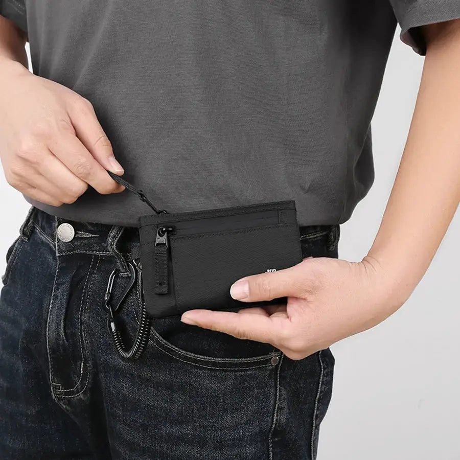 Simples Market men's black nylon credit card holder wallet with zipper and carabiner