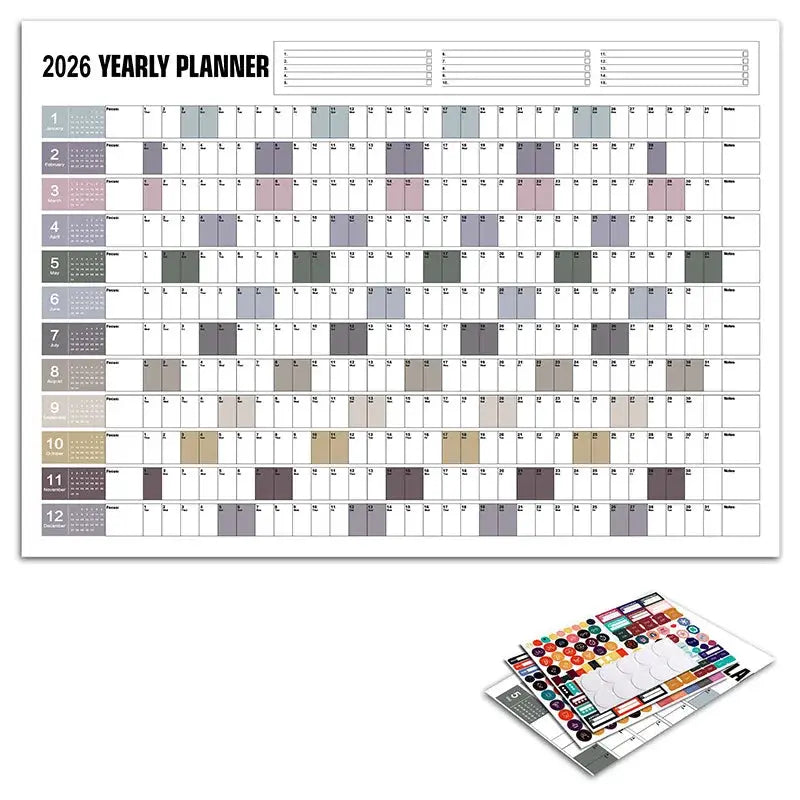 Yearly planner wall calendar poster by Simples Market with 12-month grid and color-coded blocks; sticker set