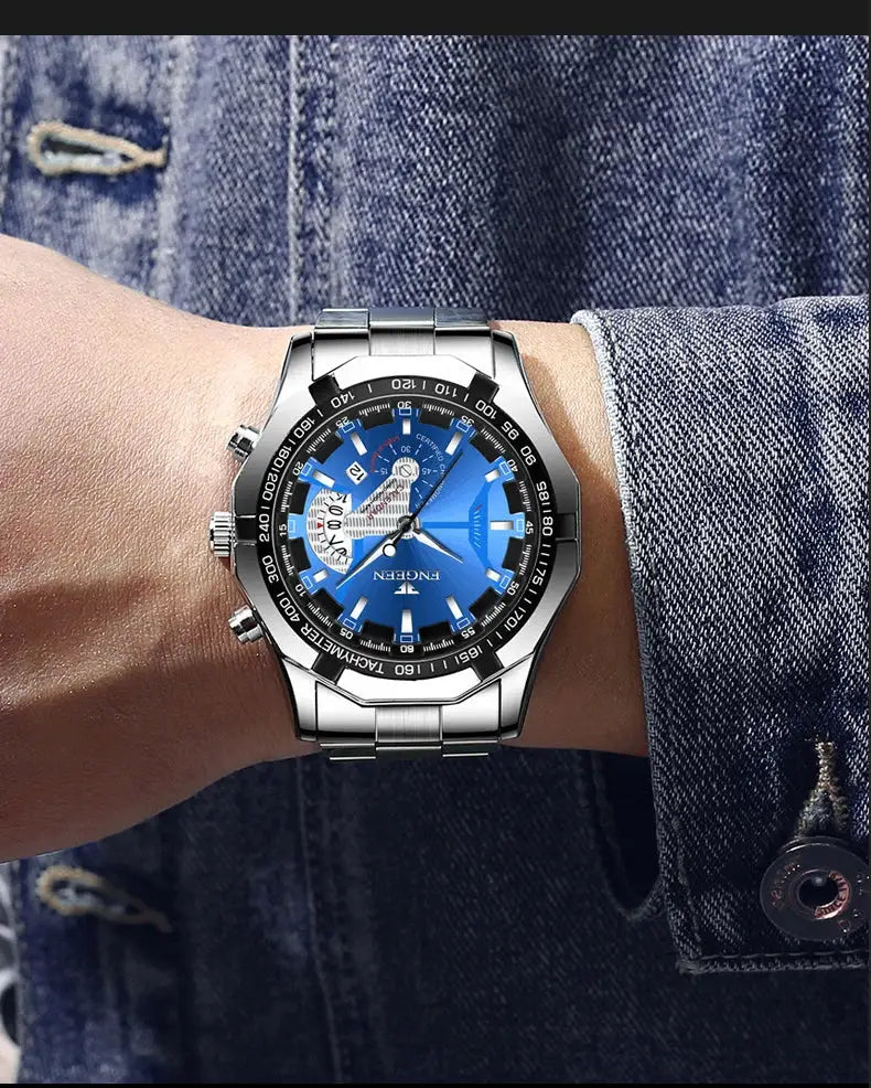 BINBOND men's stainless steel quartz watch with blue dial and luminous markers