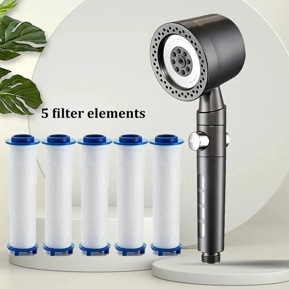 Simples Market handheld high-pressure water-saving shower head with 5 modes and five filter cartridges.