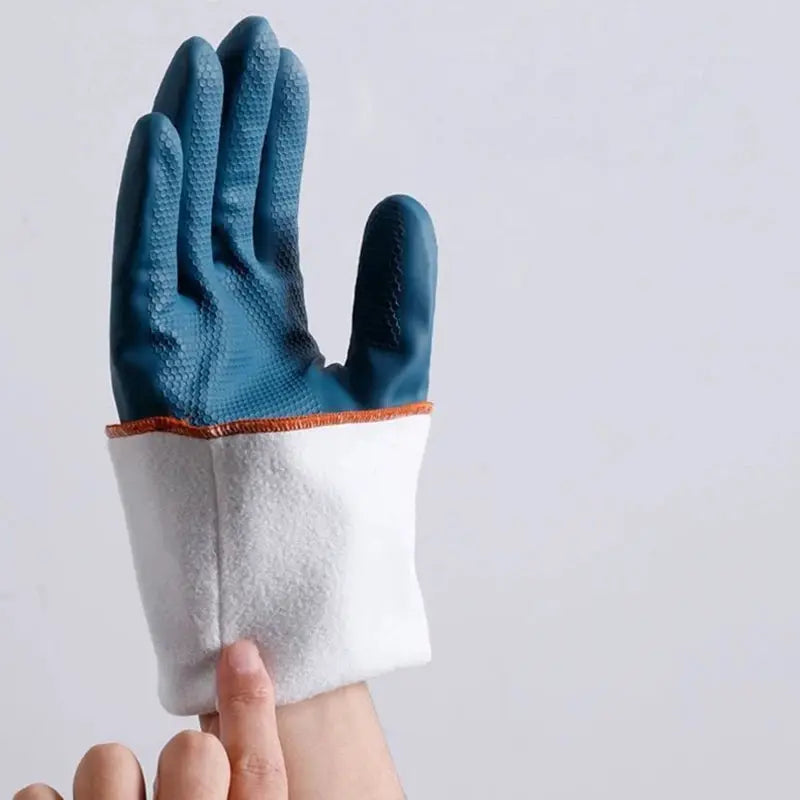 Simples Market waterproof cleaning gloves with fleece lining, blue textured palms, orange trim and white cuff.