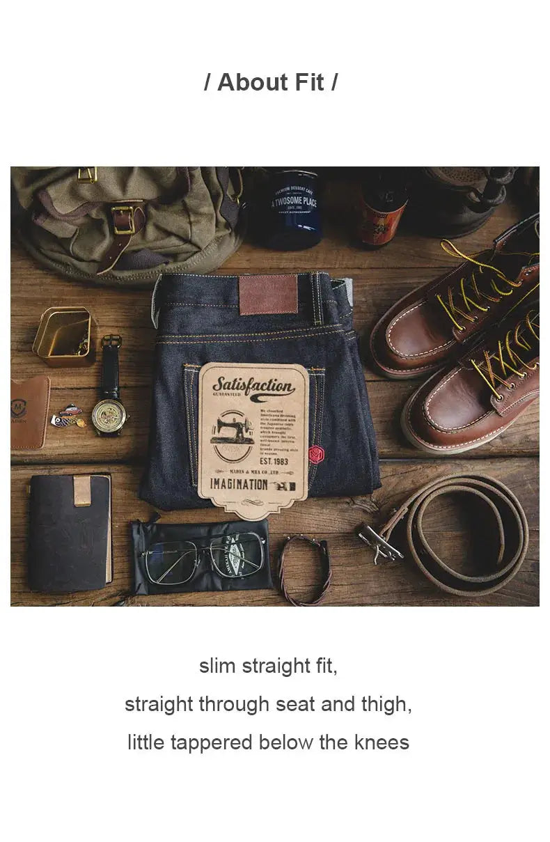 Maden Retro 14.5oz selvedge raw denim jeans for men, dark indigo, slim straight fit, by Simples Market