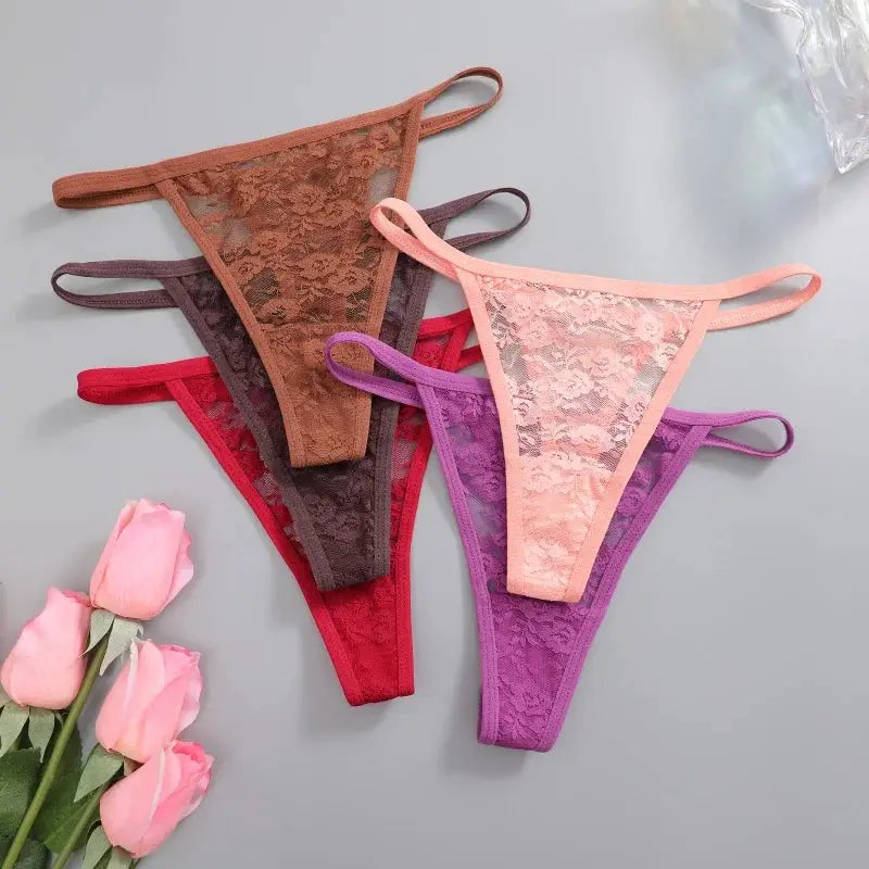 7-piece women's low-rise lace thong underwear set in assorted colors with floral lace