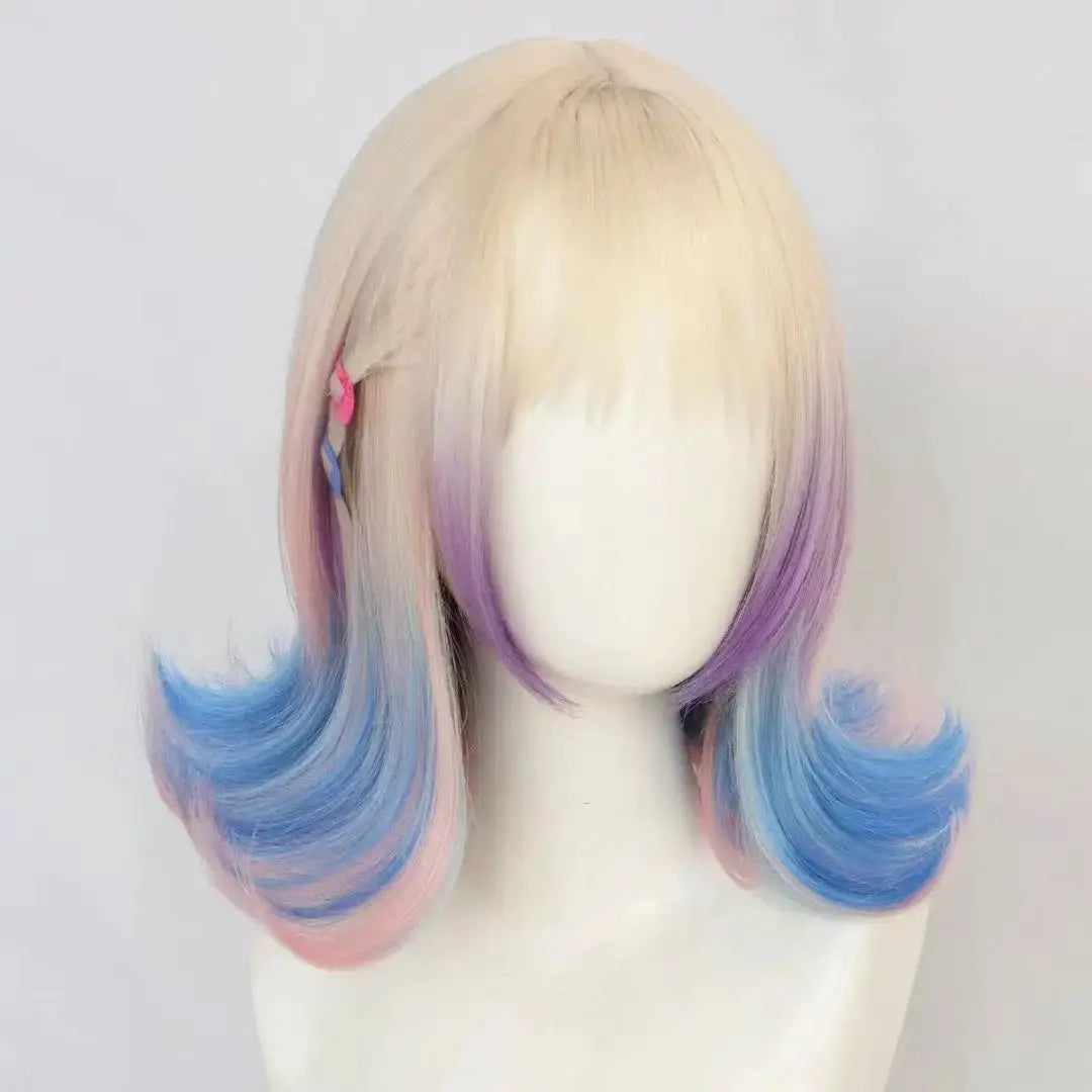 Cosplay wig for Wednesday Enid Sinclair; pastel blonde with pink, purple and blue gradient, mid-length bob