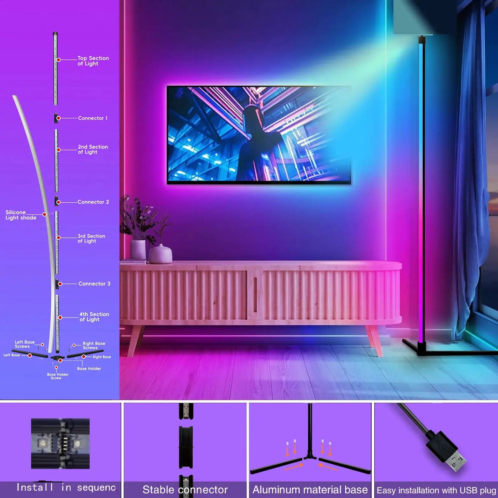 1PC corner floor lamp with smart RGB LED, remote and app control for living room or bedroom, easy install