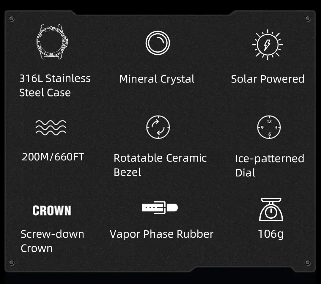 North Edge Abyss solar-powered diving watch; 316L steel case, ceramic bezel, 200M water resistance, ice-patterned dial