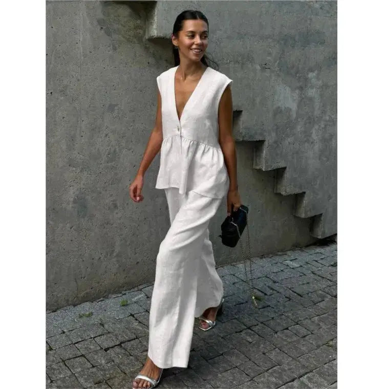 Women Sleeveless V Neck Top Two Piece Summer Set With Straight Pants