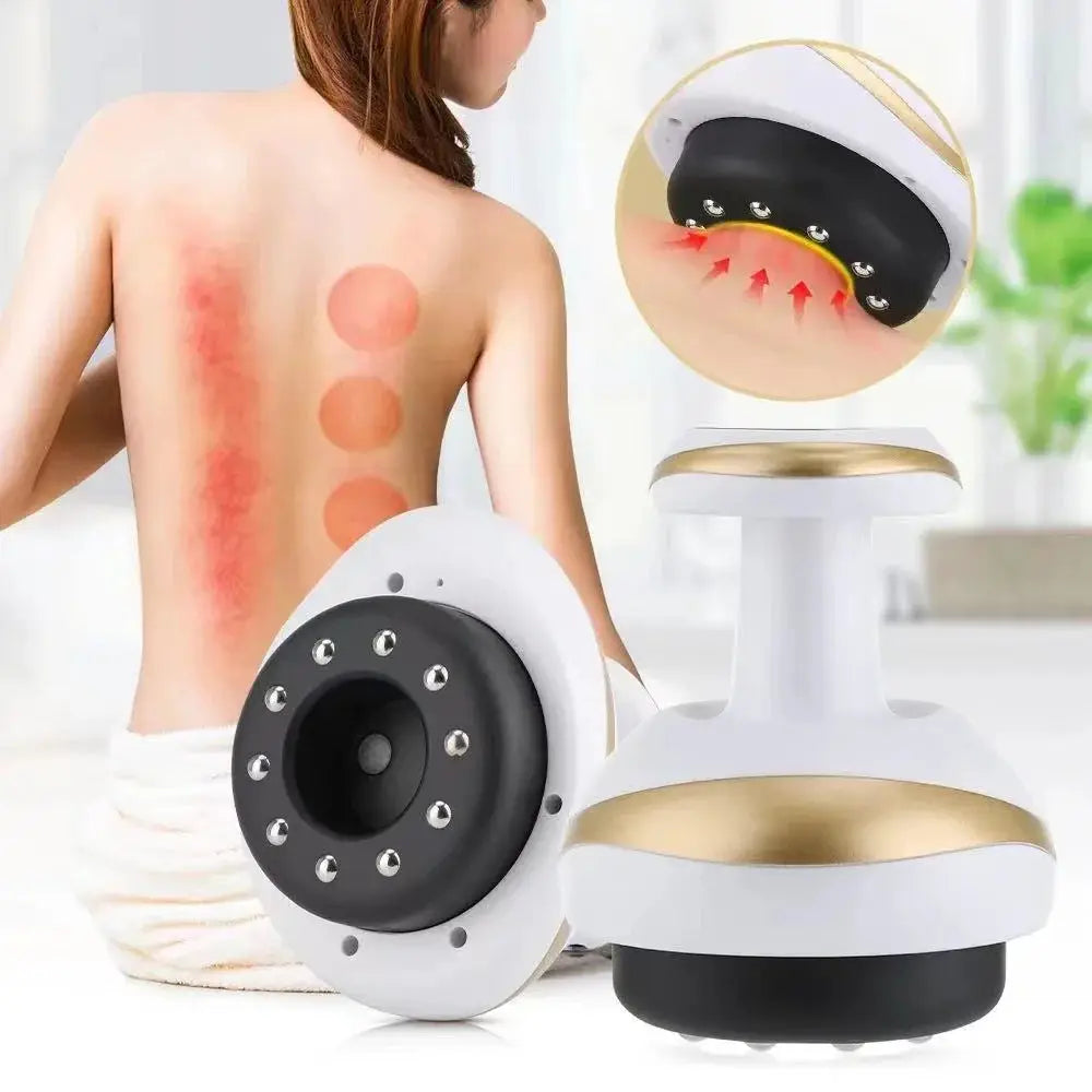 Electric scraping massage cupping body massager by Simples Market, white with gold finish and suction cup heads.