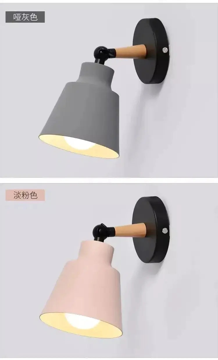 Nordic solid-wood LED wall lamp by Simples Market with wooden arm and black mount; gray and blush pink shades.