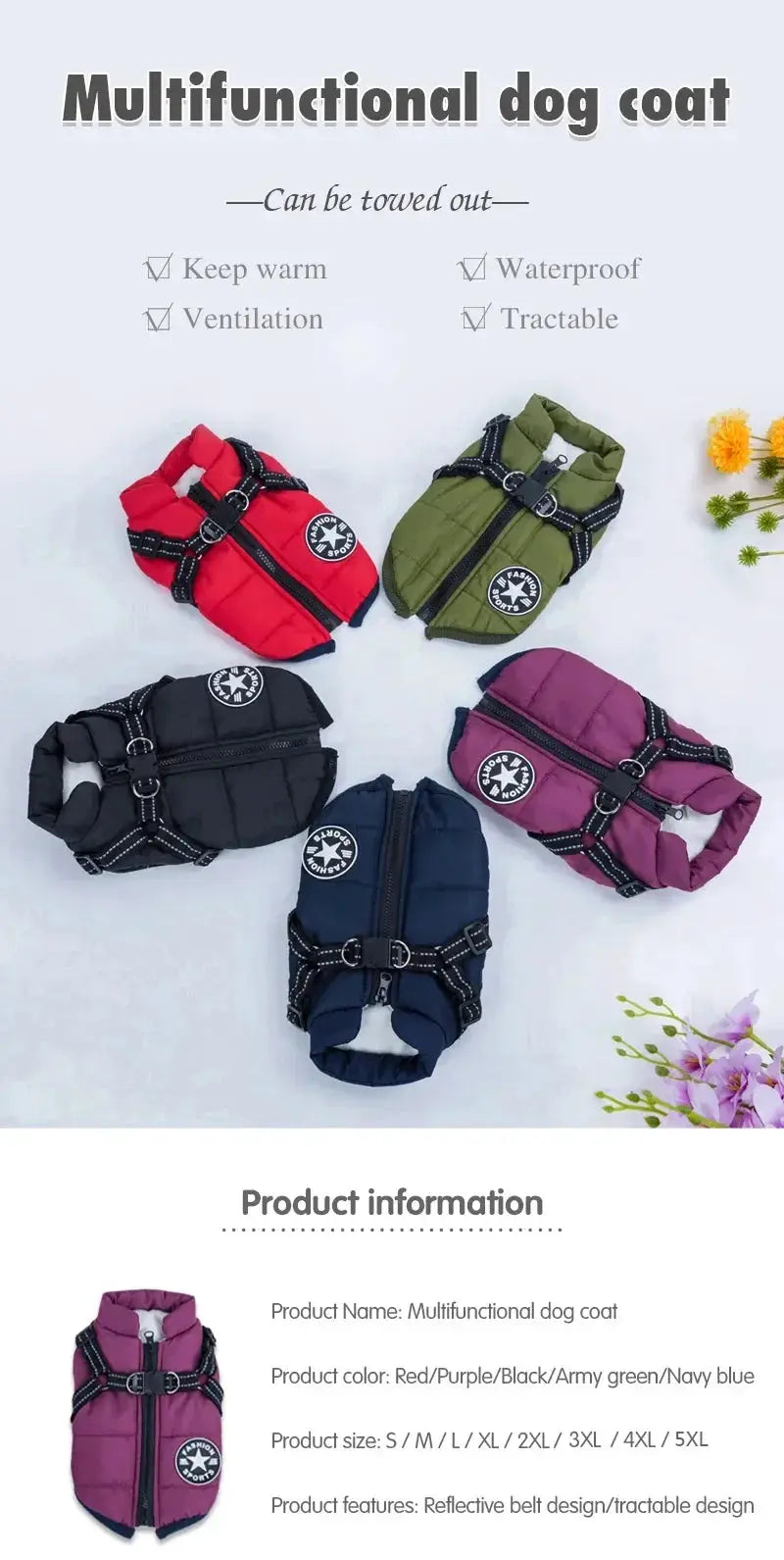 Multifunctional dog coat with harness; five coats in red, green, black, purple and navy by Simples Market