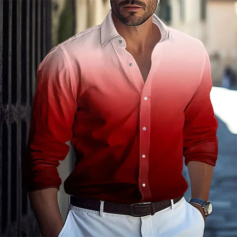Men's long-sleeve button-down shirt with red-to-white gradient, casual designer wear